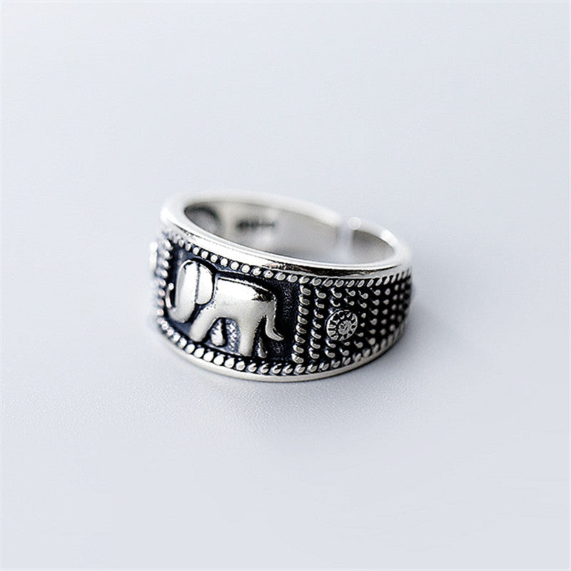 Vintage Animal Thai Silver Distressed Elephant Ring Female Simple Opening Ornament