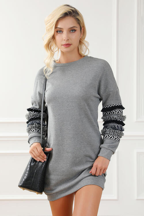 Fringe Trim Long Sleeve Mini Dress