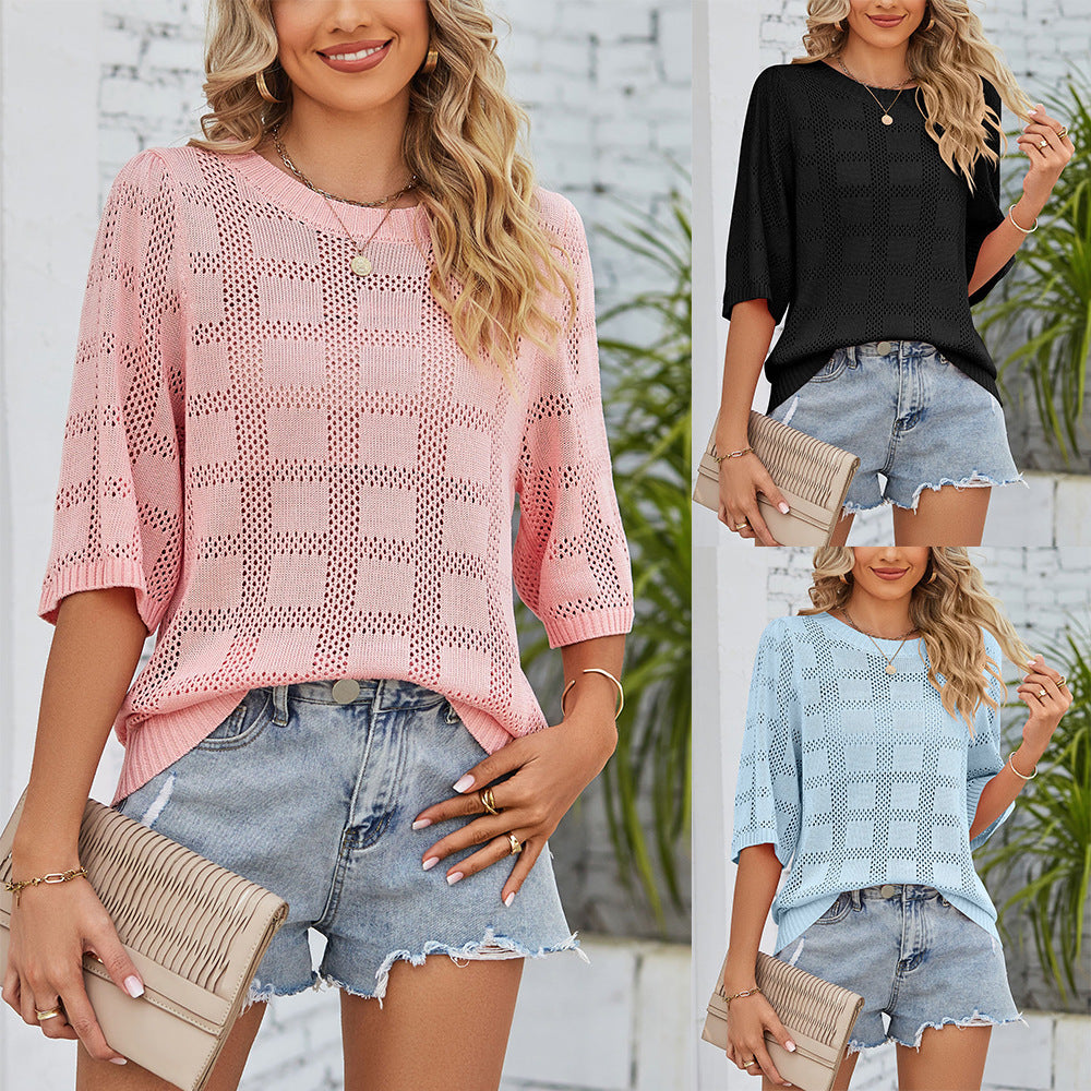 Women's Scoop Neck Sun Protection Shirt Knitted Sweater Cover Up