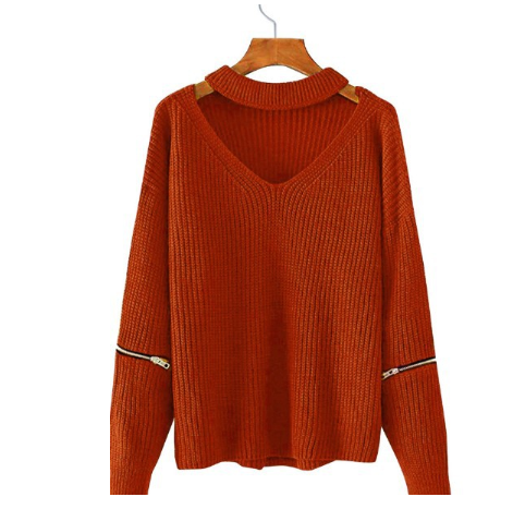 Neck V-neck Zipper Sleeve Pullover