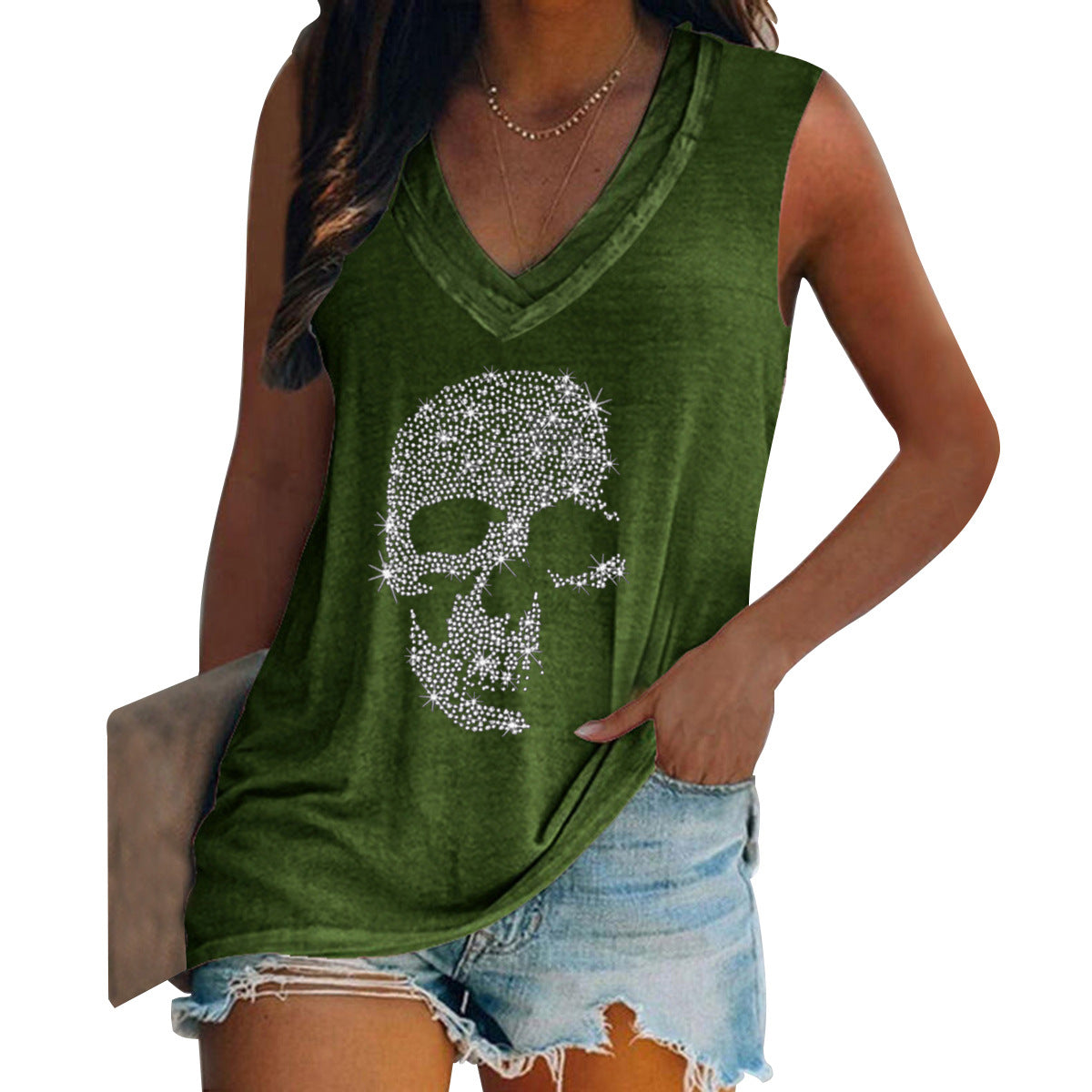 Personalized Hot Diamond Short Sleeved V-neck T-shirt For Women