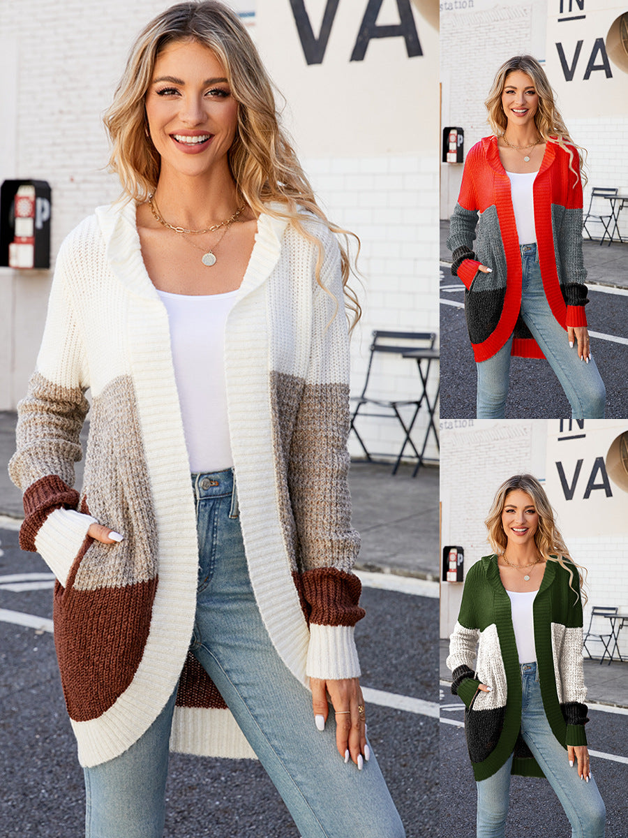 Colorful Below the Waist Hooded Long-Sleeved Cardigan with Pockets