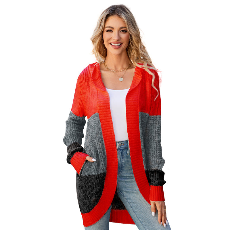 Colorful Below the Waist Hooded Long-Sleeved Cardigan with Pockets