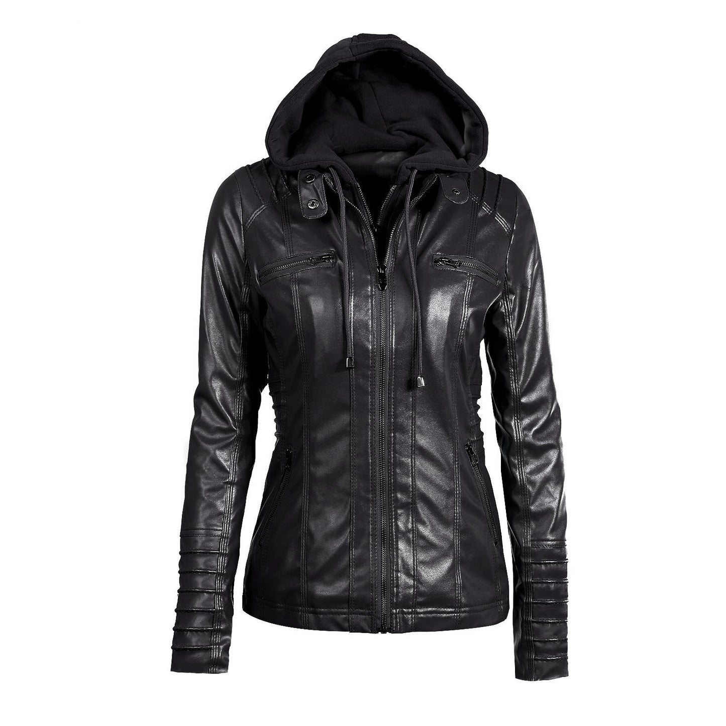 Hooded Faux Leather Jacket Slim Motorcycle Hat Detachable Plus Size 5xl Pu Leather Coat