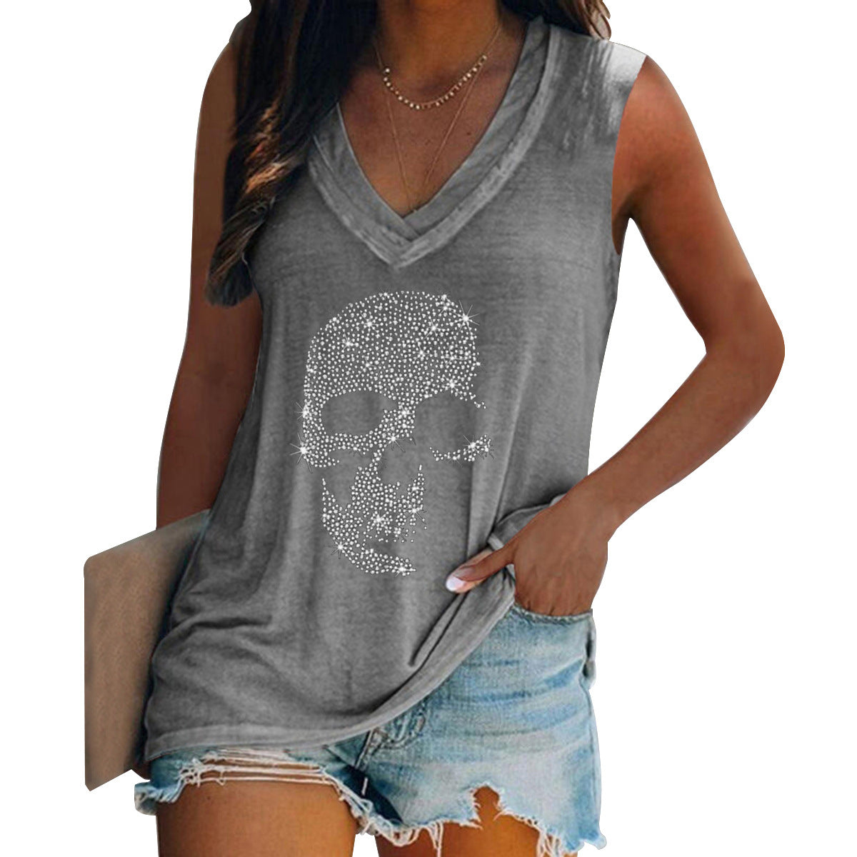 Personalized Hot Diamond Short Sleeved V-neck T-shirt For Women