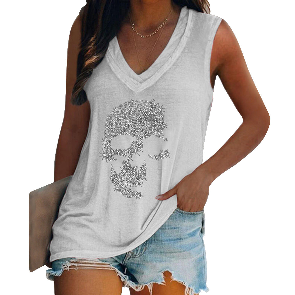 Personalized Hot Diamond Short Sleeved V-neck T-shirt For Women