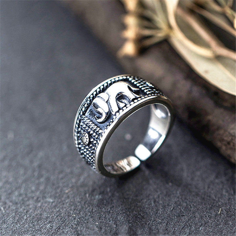 Vintage Animal Thai Silver Distressed Elephant Ring Female Simple Opening Ornament