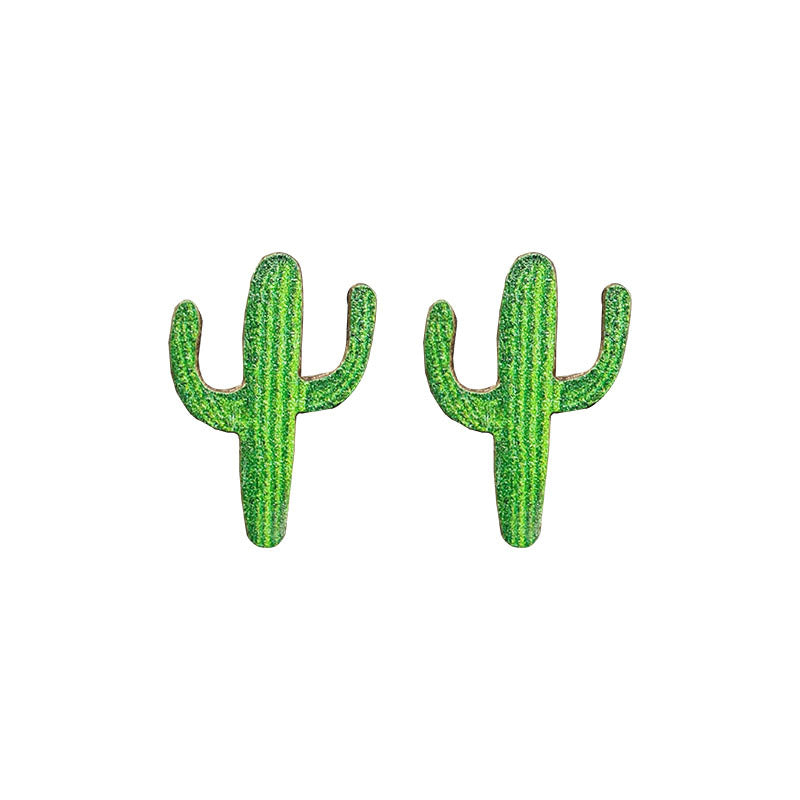 Wooden Cactus Stud Earrings Ethnic Style Leopard Print Lightning Cow Stud Earrings