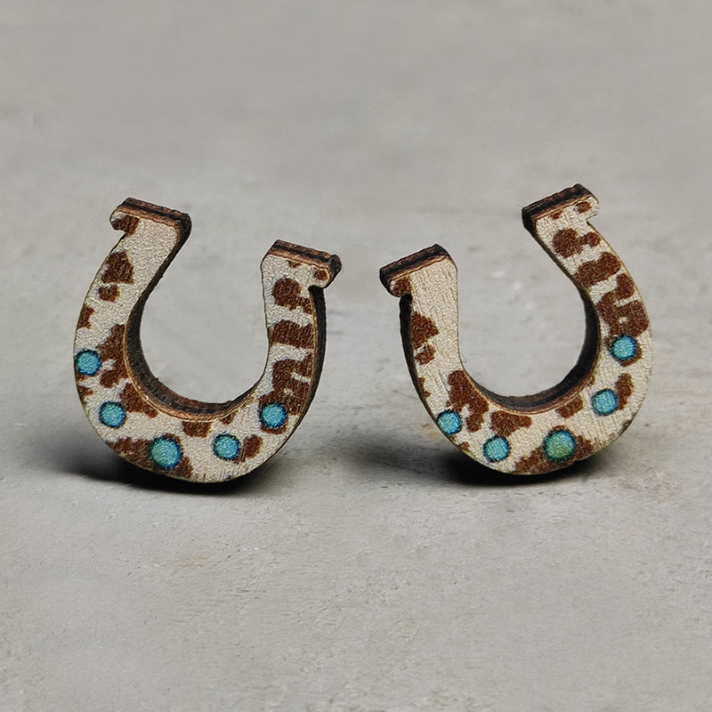Wooden Cactus Stud Earrings Ethnic Style Leopard Print Lightning Cow Stud Earrings