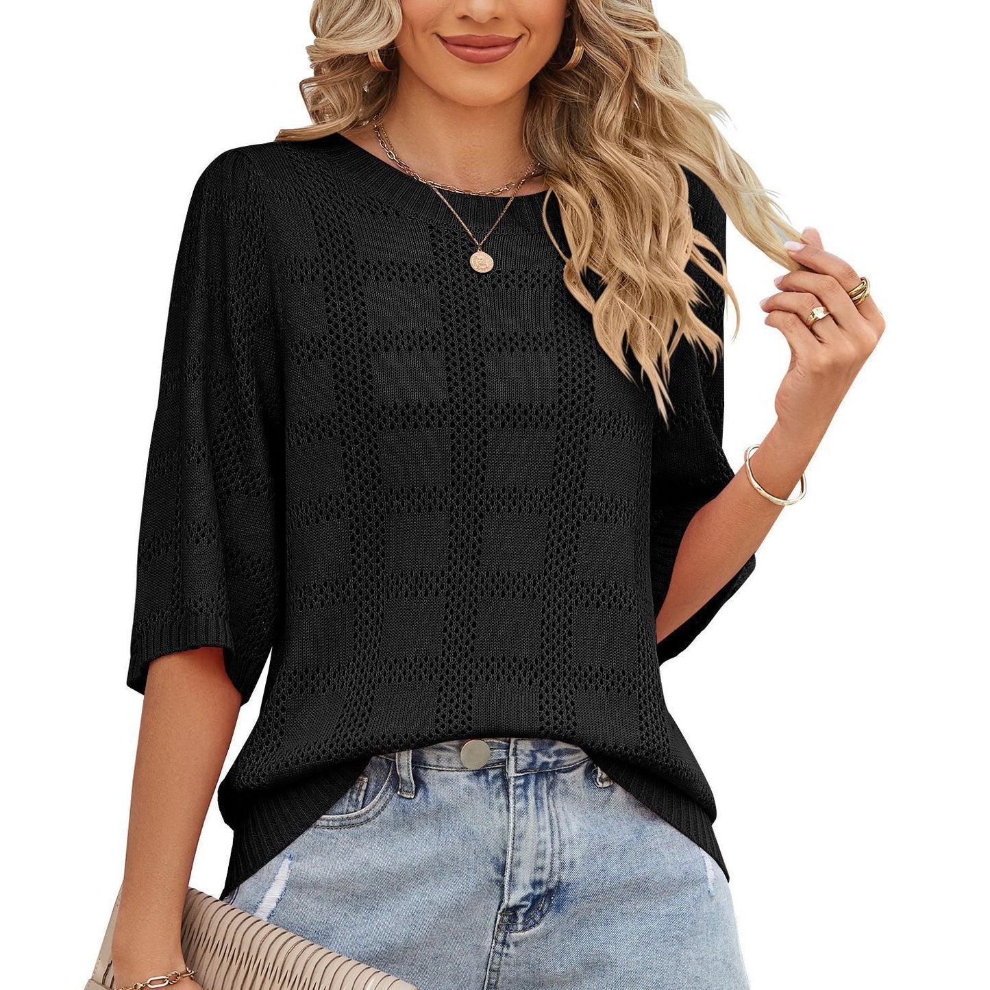 Women's Scoop Neck Sun Protection Shirt Knitted Sweater Cover Up