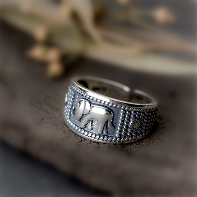 Vintage Animal Thai Silver Distressed Elephant Ring Female Simple Opening Ornament
