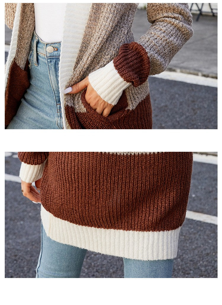 Colorful Below the Waist Hooded Long-Sleeved Cardigan with Pockets