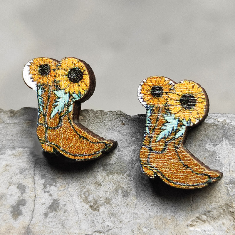 Wooden Cactus Stud Earrings Ethnic Style Leopard Print Lightning Cow Stud Earrings