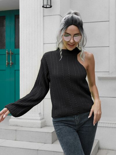 Cable-Knit Asymmetrical Sweater with Rounded Neck