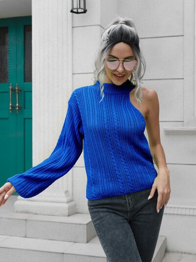 Cable-Knit Asymmetrical Sweater with Rounded Neck
